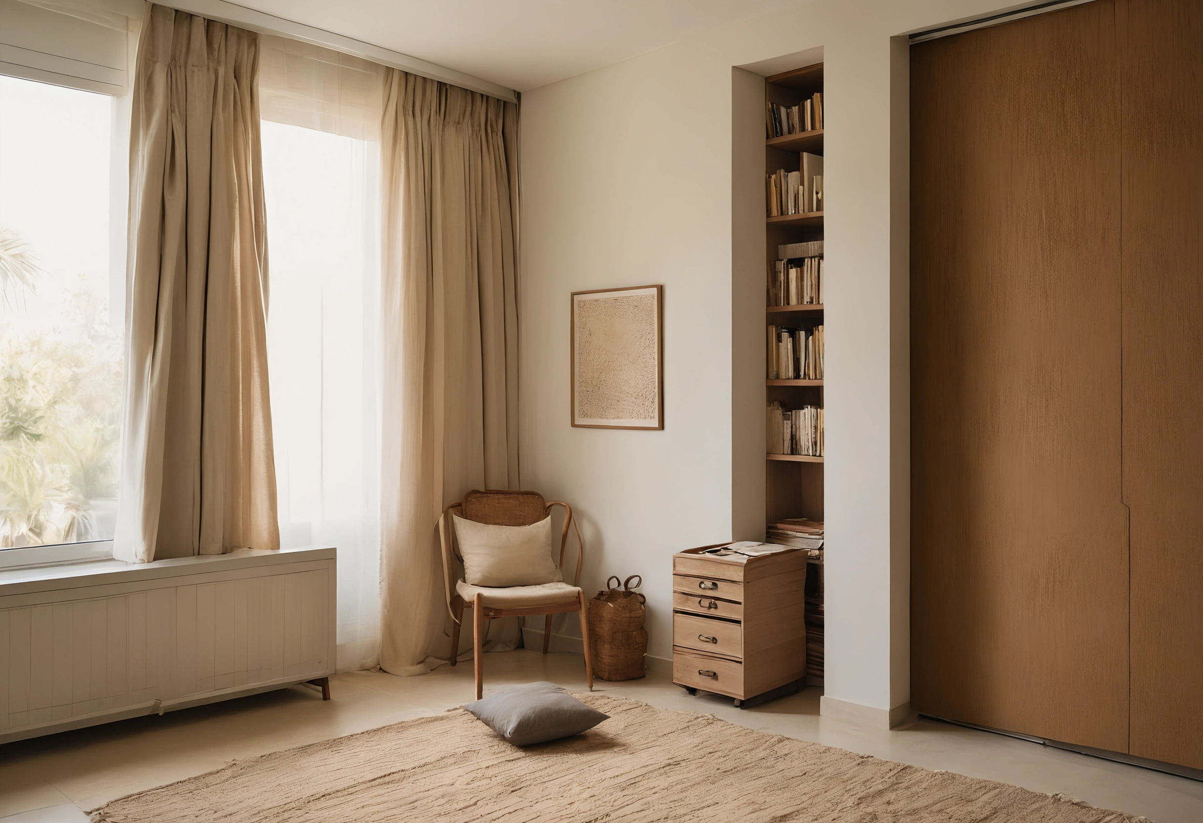 Corner of a spare room in a Dubai apartment with a thick wool rug, a deep bookcase with mixed contents and heavy curtains beside a tiled window sill