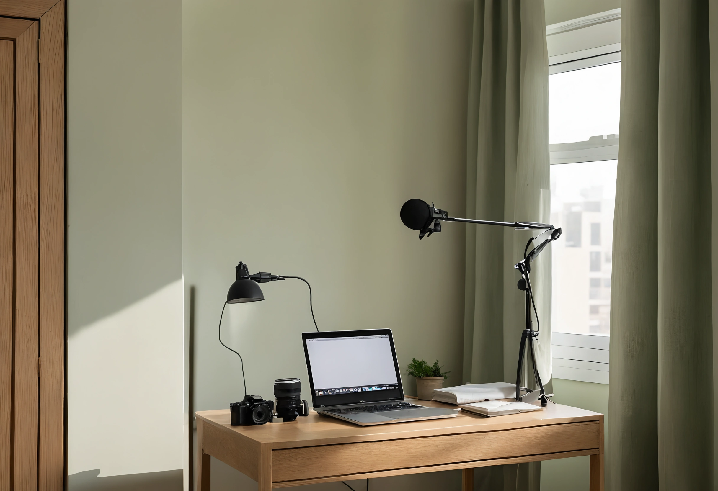 Spare room of a Dubai high-rise apartment set up as a home studio, a desk with a laptop, camera and microphone arm by a window with green curtains