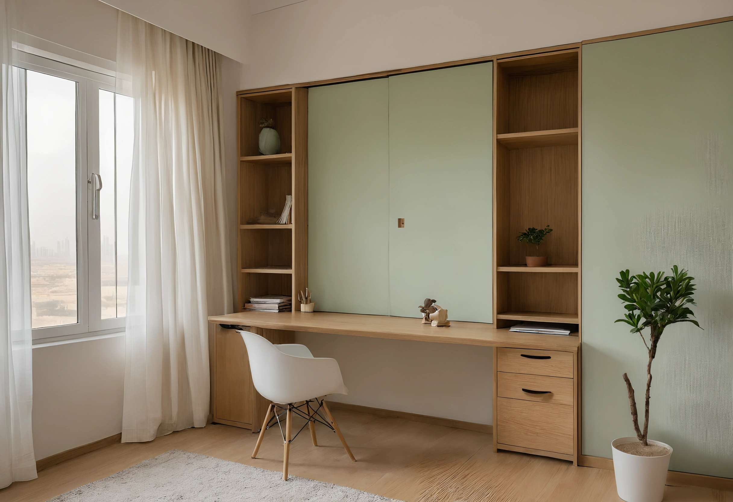 Built-in oak shelving and a sage green cabinet wall around a desk in a spare room, sheer curtains at a high-rise window